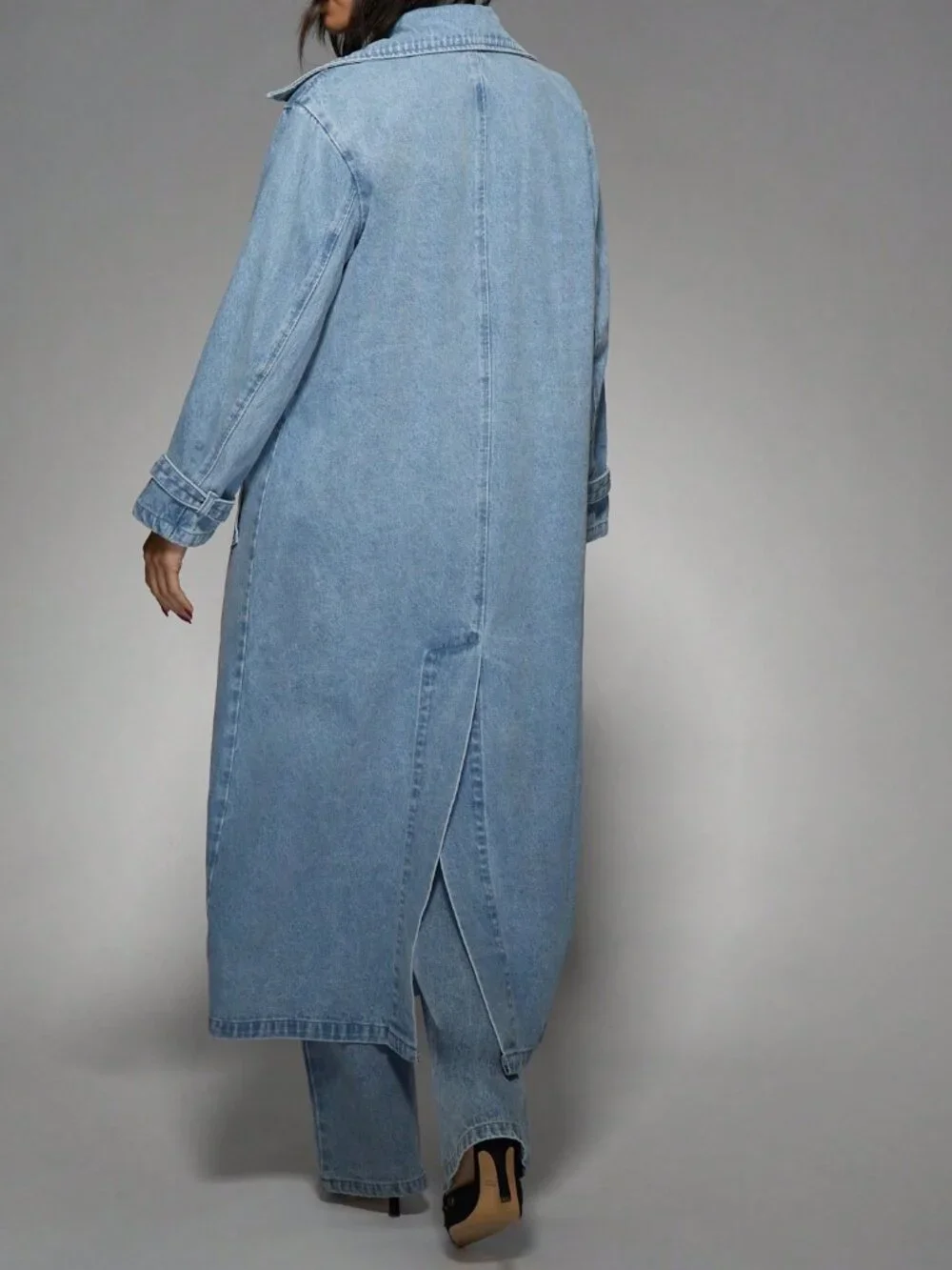 Light Wash Oversized Denim Women's Long Double Breasted Trench Coat - Picture 2 of 7